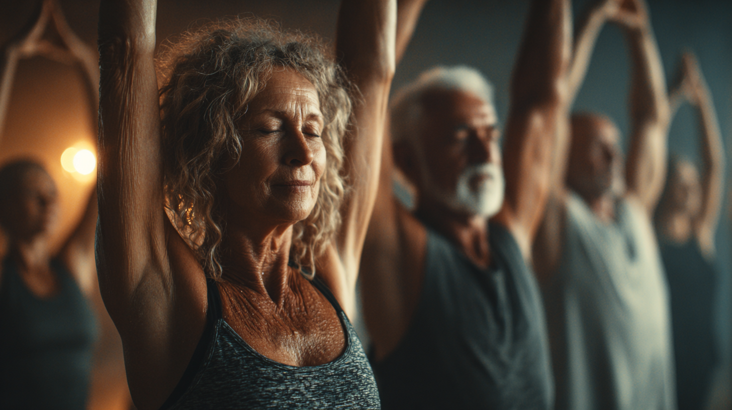 Група възрастни хора практикуват йога заедно